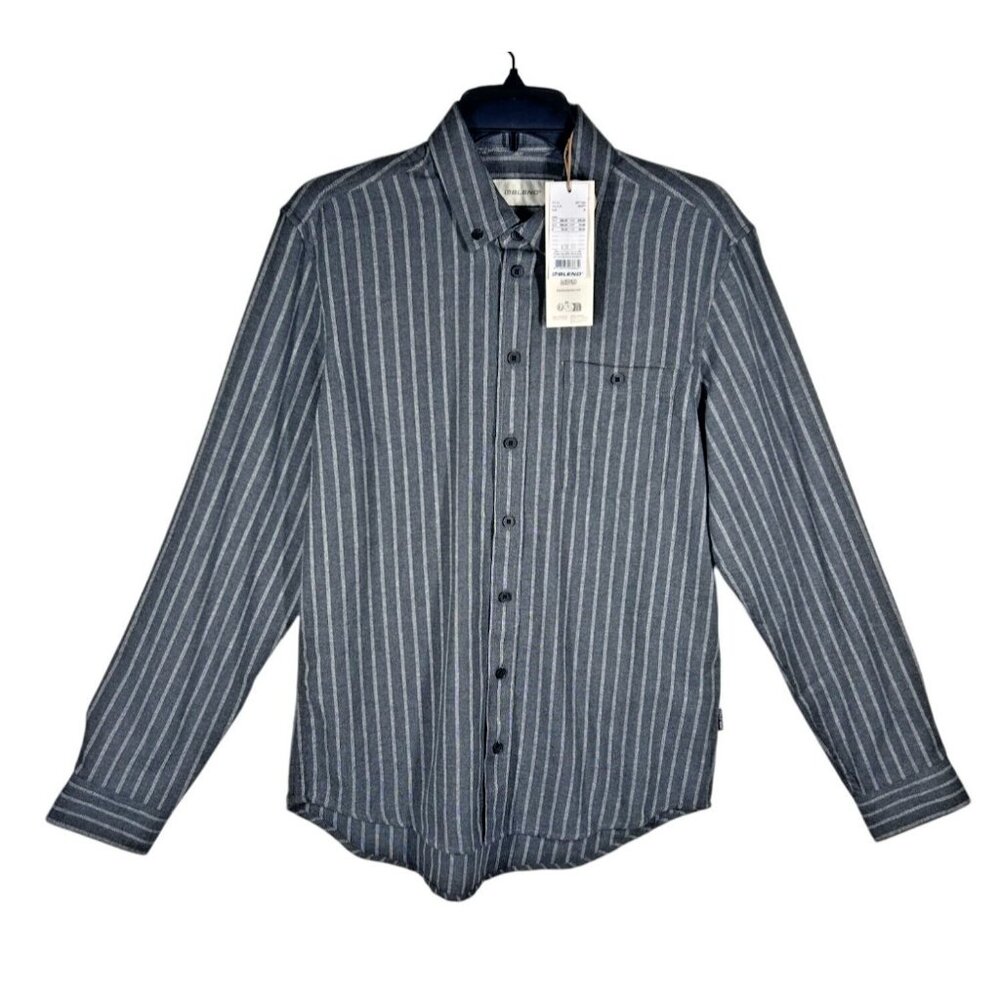Blend Button-Up Shirt Men's‎ Size Medium Striped Long Sleeve Grey & White NEW